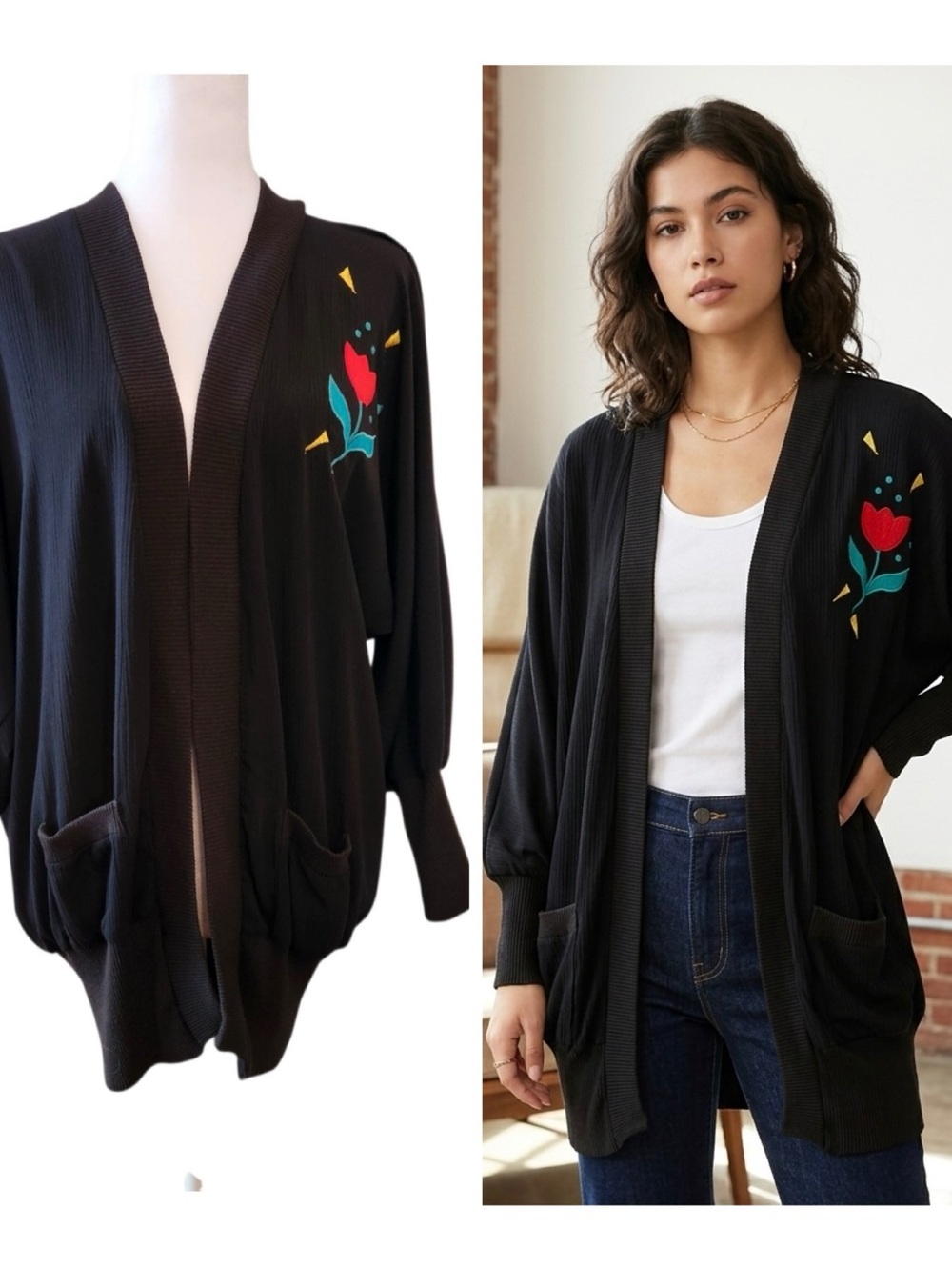 Vintage Peter Popovitch Open Front Cardigan Sweater Floral USA Made 1980s Size S
